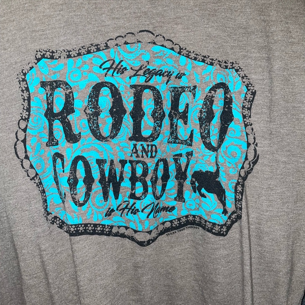 Womens medium Rodeo and Cowboy Graphic Tee - Gray with Turquoise Print